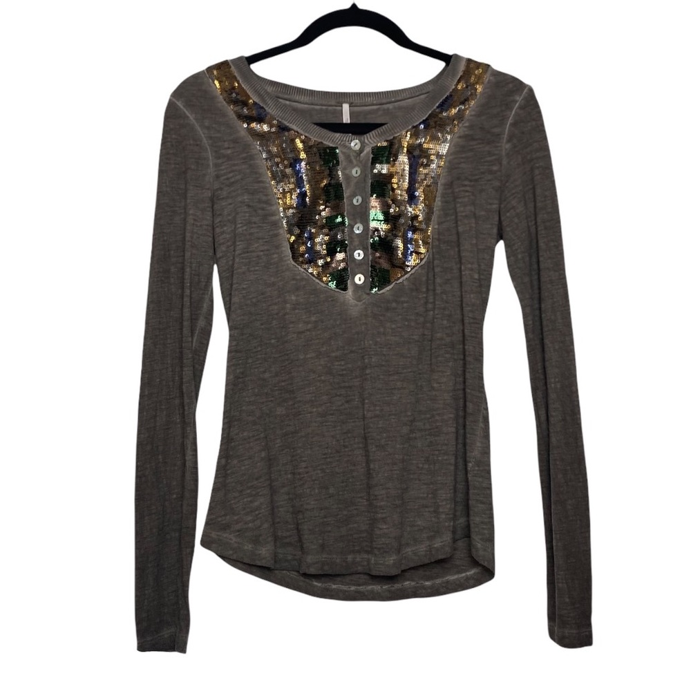 Free People Tiger Eyes Sequin Henley Bib Top XS
